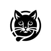 Sleek black cat within a circle, simple lines, expressive eyes, and a playful curved tail, all set against a clean white backdrop. vector