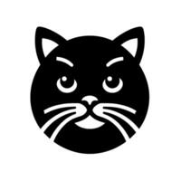 Bold, simplified, and symmetrically composed black cat face with white accents, featuring curved whisker lines and crescentmoonshaped eyes against a stark white background, a minimalist . vector