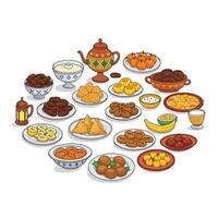 A variety of food is shown on a white background vector