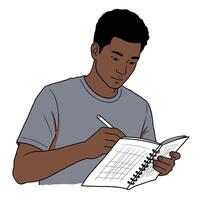 A man is writing in a notebook with a pen vector