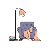 A chair with a blanket and lamp on a table vector