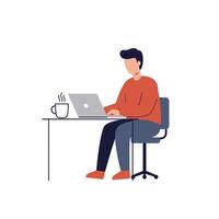 Man working on laptop at desk with coffee cup vector
