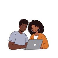 An illustration of a couple using a laptop vector