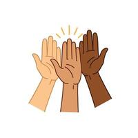 Hands raised up in a group with a sunburst vector