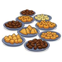 A collection of different types of food on plates vector