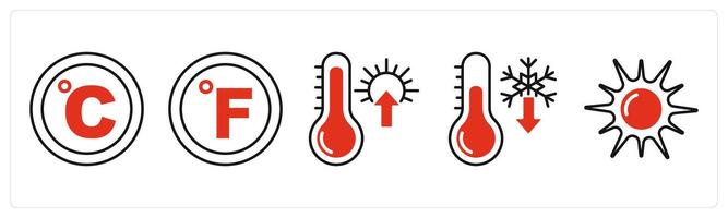 Five Weather icons as celsius, fahrenheit, high temperature vector