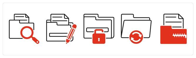 Five Files icons as search file, edit folder, unlock folder vector