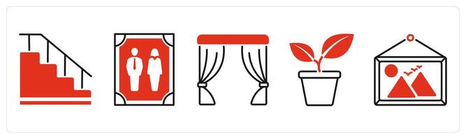 Five Furniture icons as suitcase, photo frame, curtains vector