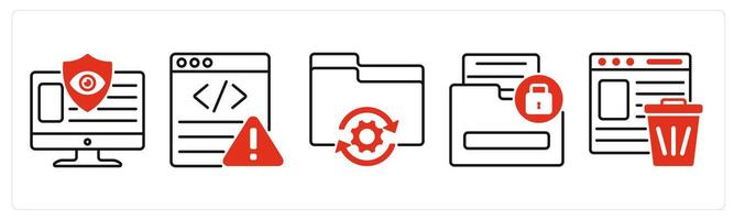 Five GDPR icons as online privacy, website error, data processing vector