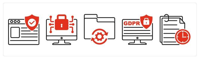 Five GDPR icons as protected website, data encryption, data processing vector