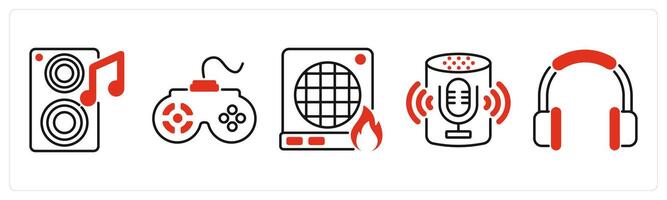 Five Home Appliances icons as speaker, game pad, heater vector