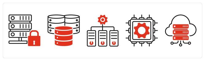 Five Technology icons as secure server, data center, hypervisor vector