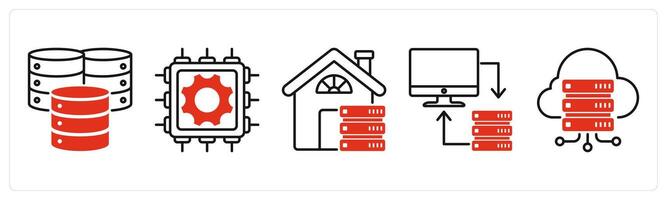Five Technology icons as data center, hardware, home server vector