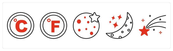 Five Weather icons as celsius, fahrenheit, full moon vector