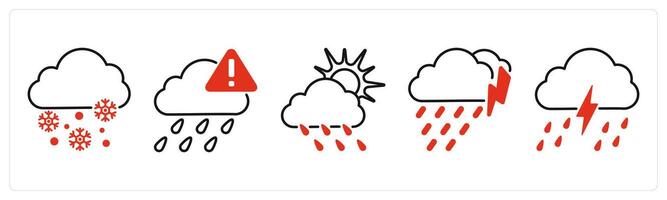 Five Weather icons as snow, weather alert, cloudy and rain vector