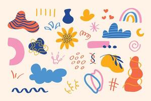 abstract collection of colorful funny hand drawn doodles, cute. doodles, lines. Set of abstract colorful retro clockwork figures in cartoon style 90s 00s vector