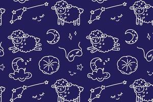pattern doodle with pillow, sheep, moon, sleep mask and stars on dark blue background vector