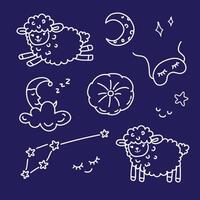 Set of drawings on the theme of sleep cute sheep, jumping sheep, pillow, moon, constellation. Good night. White color symbols on a dark background. Count the sheep. vector