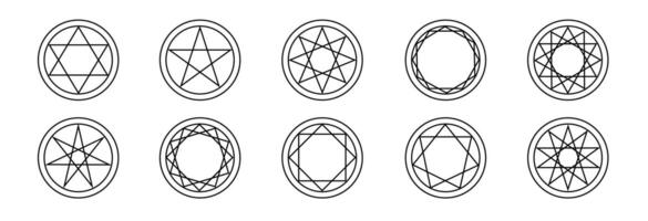 Geometric pentagram symbols with sacred, minimalistic outlines. vector
