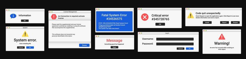 Set of error window messages in modern style. Warning notification pop up. vector