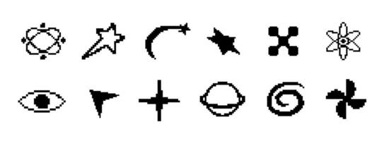 Retro pixel icons with Y2K arrows and digital particles vector