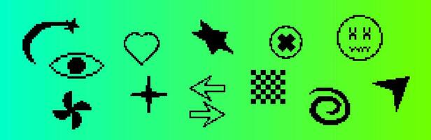 Black pixel galaxy icons with retro sparkles and waves. vector