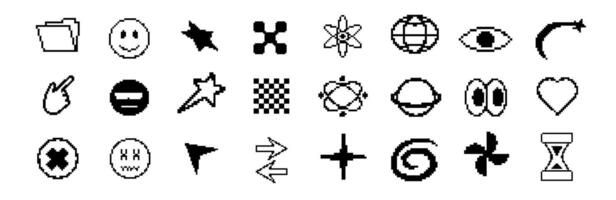 Minimalist black pixel set with retro icons for digital graphics. vector