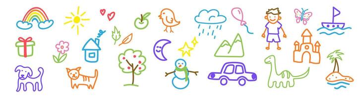 Cute drawing of a cat, dog, and rainbow with a playful feel. vector