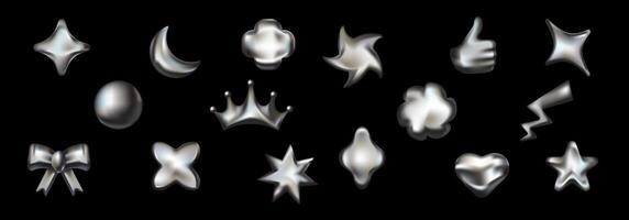 Retro metallic shapes with chrome hearts and crowns. vector