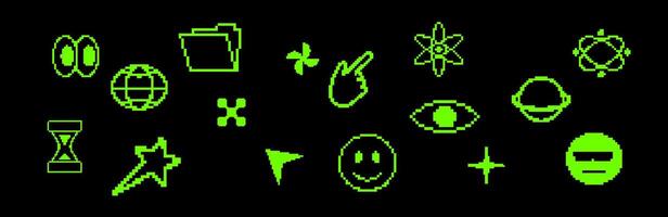 Pixel graphic set with retro waves, blasts, and Y2K symbols. vector