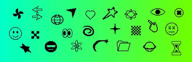 Retro black pixel set with cursors, hearts, and abstract icons vector