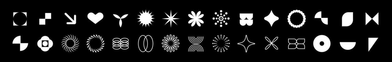 White outline symbols of stars, spirals, and geometric forms. vector