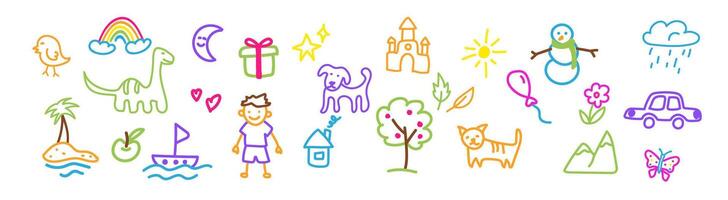Simple kid drawing with a tree, flowers, and heart. vector
