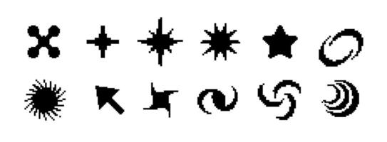 Black pixel icons with waves, stars, and retro-futuristic style. vector