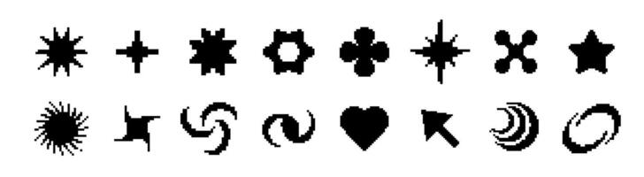 Black pixel icons with swirls and retro computer style vector