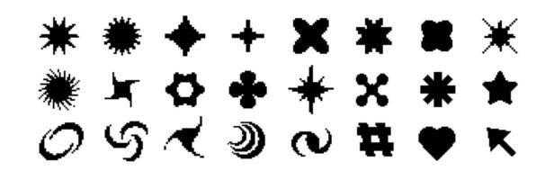 Black pixel icons with Y2K and 80s retro futuristic elements. vector