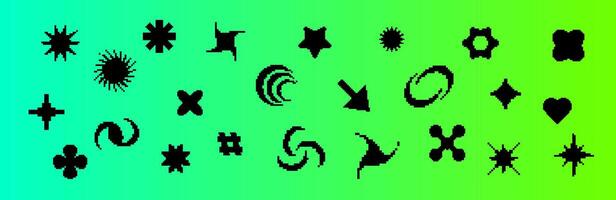 Black pixel icons with Y2K retro elements for digital graphics. vector