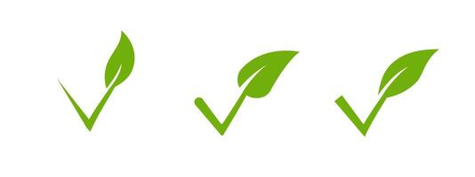 Green leaf with a check mark for eco-friendly and organic themes. vector