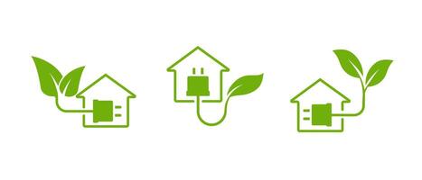 House with a leaf and plug symbolizing eco-friendly energy solutions. vector