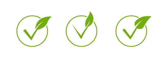 Leaf and check mark icon for sustainability and eco friendly products. vector