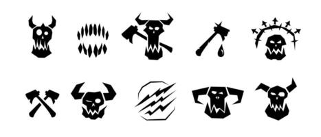 Orc skull icon with axes for fantasy and battle themes. vector