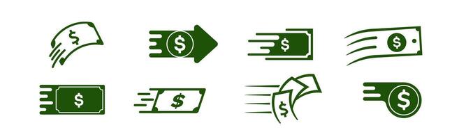 Flat green logo with arrow and dollar sign for fast transactions. vector