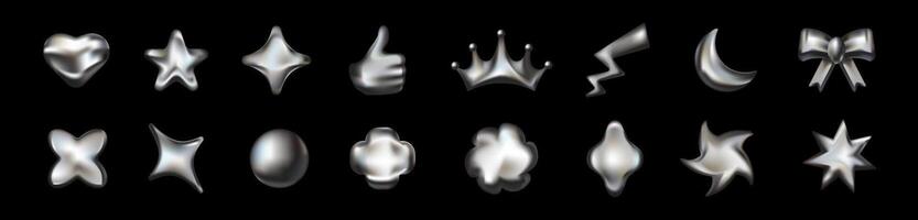 Chrome shapes of stars and moons with a space inspired look. vector