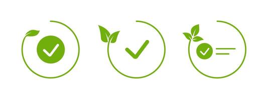 Green leaf with circular outline and check mark for eco designs. vector