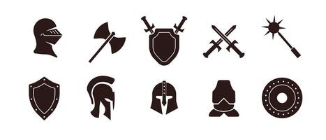Warrior icon with helmet, sword, and shield in red and brown tones. vector