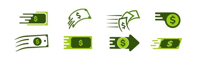 Green dollar icon with arrow for fast payments and money flow. vector