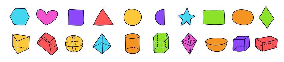 Bright geometric shapes like circles, cubes, and pyramids for learning. vector