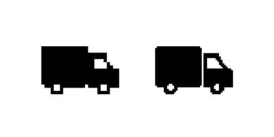 Pixel art black trucks showing a side and front view in retro gaming style design vector