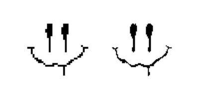 Two simple pixelated smiley faces with square eyes and unique curved grins in black and white vector