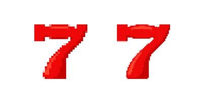 Pixelated red number seven with glossy effect, bold digital typography vector